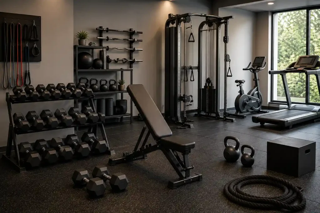 A modern gym space with varied equipment arranged to show options for choosing fitness equipment.