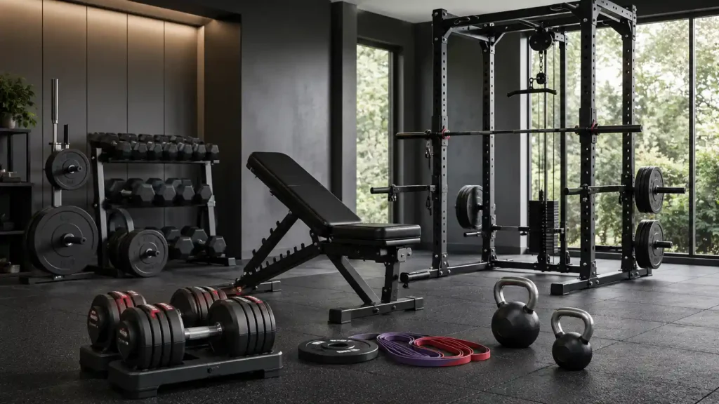 Strength training equipment including dumbbells, kettlebells and a weight bench