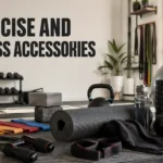 Exercise and fitness accessories arranged in a modern home gym.