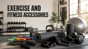 Exercise and fitness accessories arranged in a modern home gym.