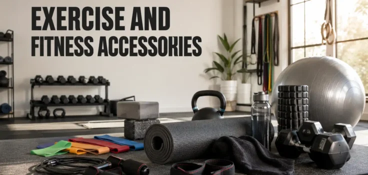 Exercise and fitness accessories arranged in a modern home gym.