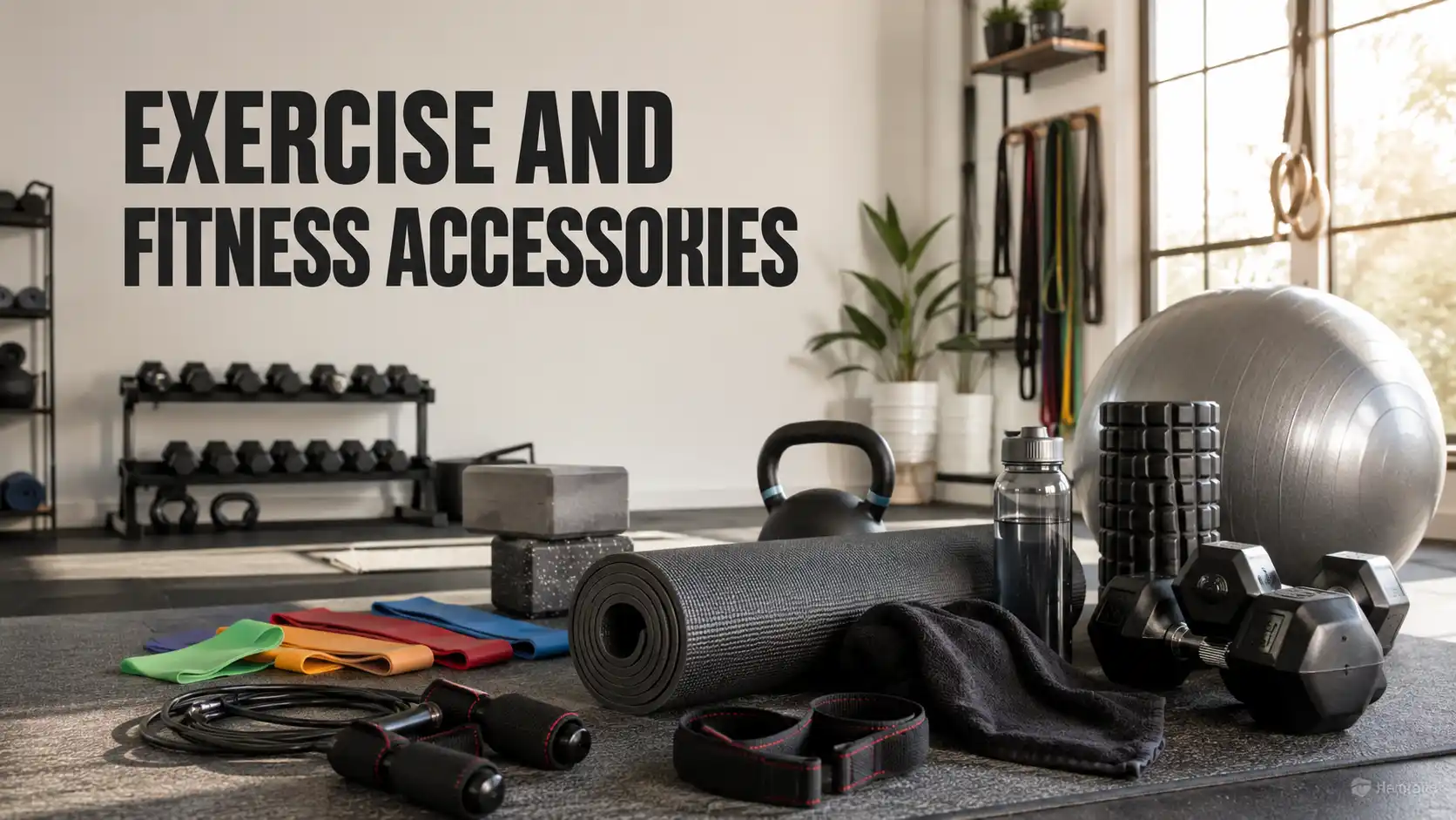 Exercise and fitness accessories arranged in a modern home gym.