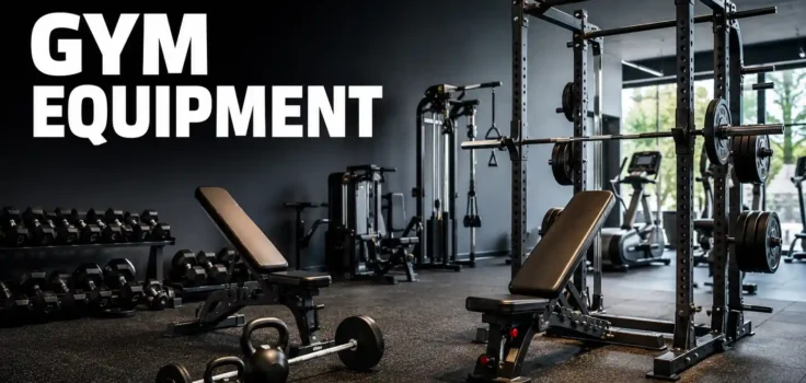 feature image. Gym equipment including weights, benches, racks, and machines in a modern fitness gym