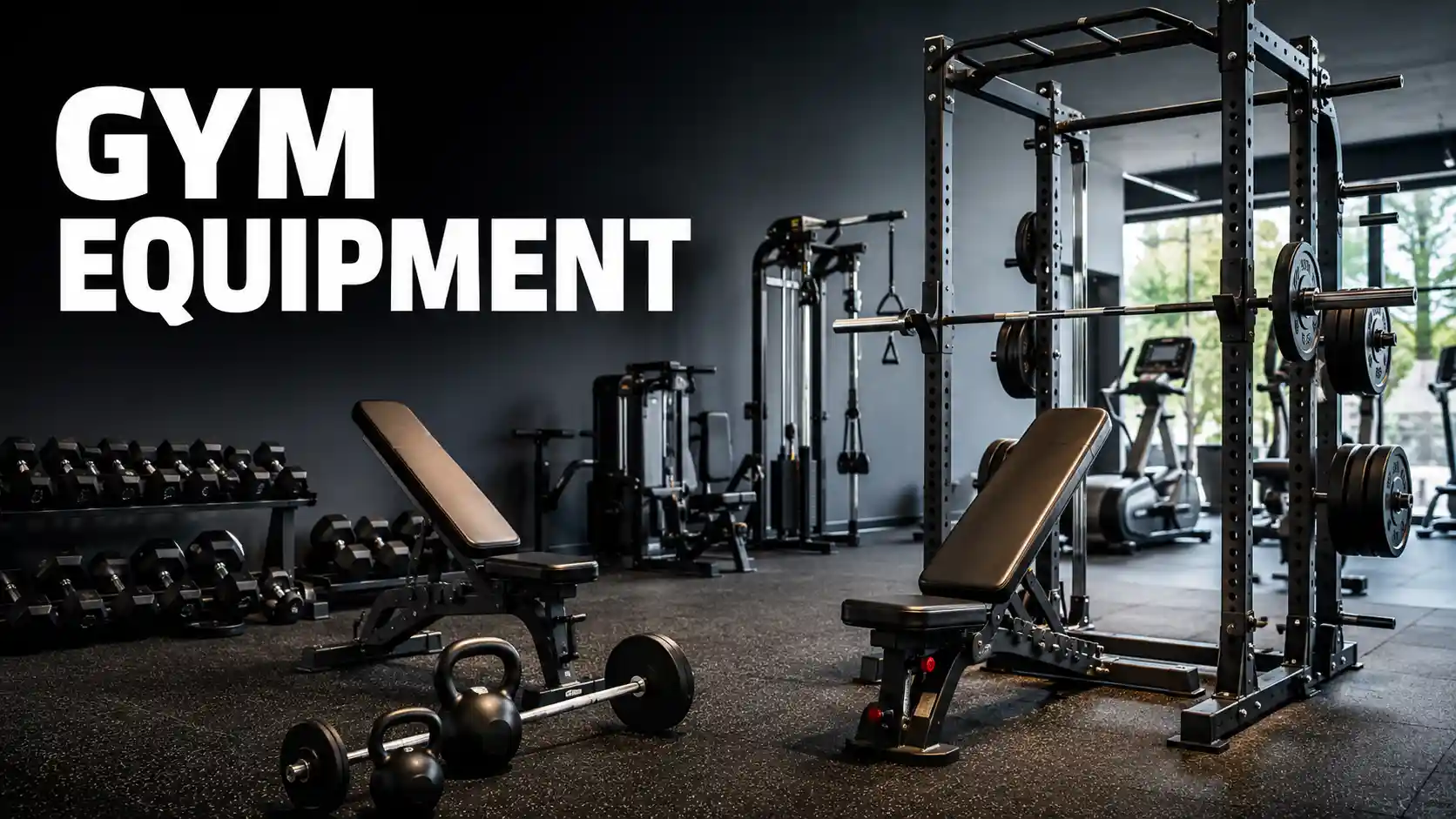 feature image. Gym equipment including weights, benches, racks, and machines in a modern fitness gym