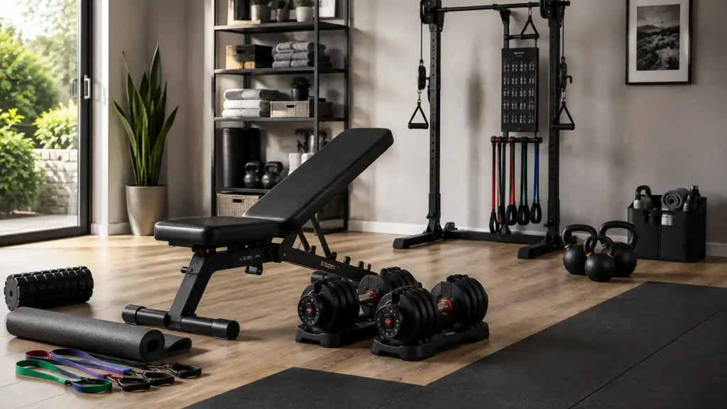 Compact home workout setup with adjustable dumbbells resistance bands and bench