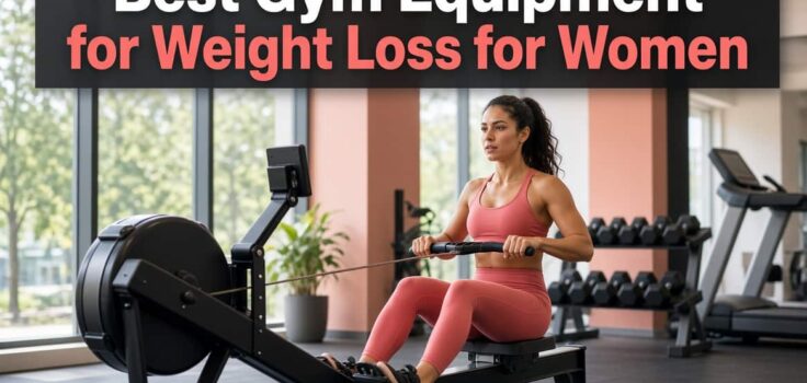 Woman using rowing machine in modern gym - best gym equipment for weight loss for women 2026 guide