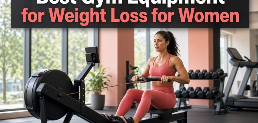 Woman using rowing machine in modern gym - best gym equipment for weight loss for women 2026 guide