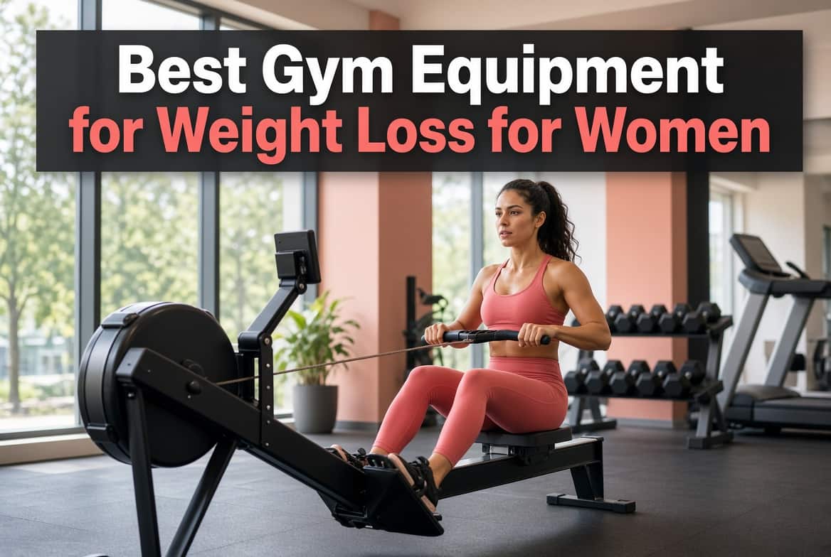 Woman using rowing machine in modern gym - best gym equipment for weight loss for women 2026 guide