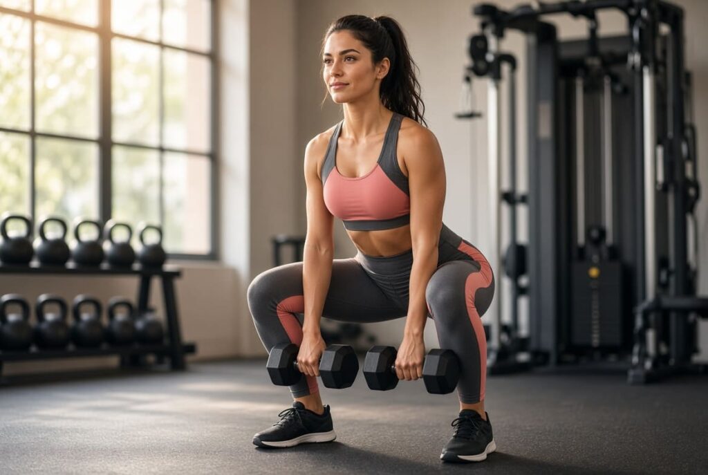 Woman doing dumbbell squats to build lean toned muscle without bulking up