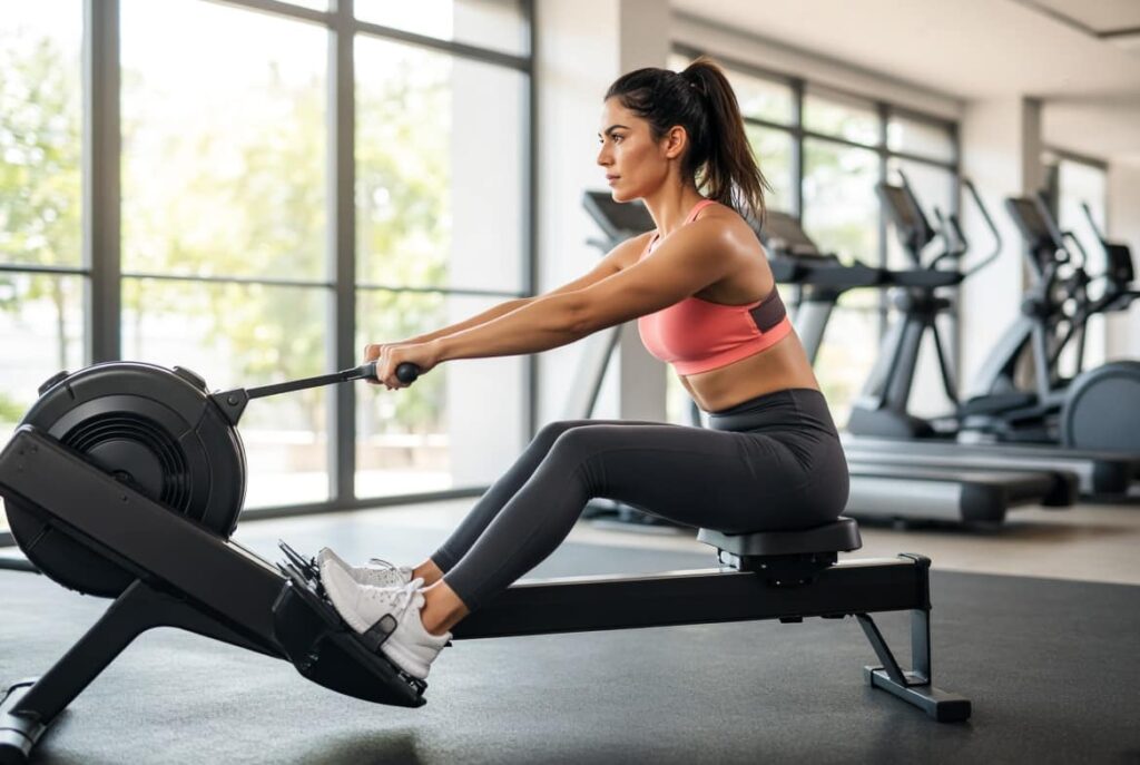 Woman following a structured weekly gym routine combining strength and cardio equipment