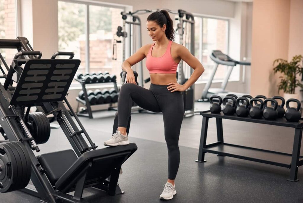 Woman following a structured weekly gym routine combining strength and cardio equipment