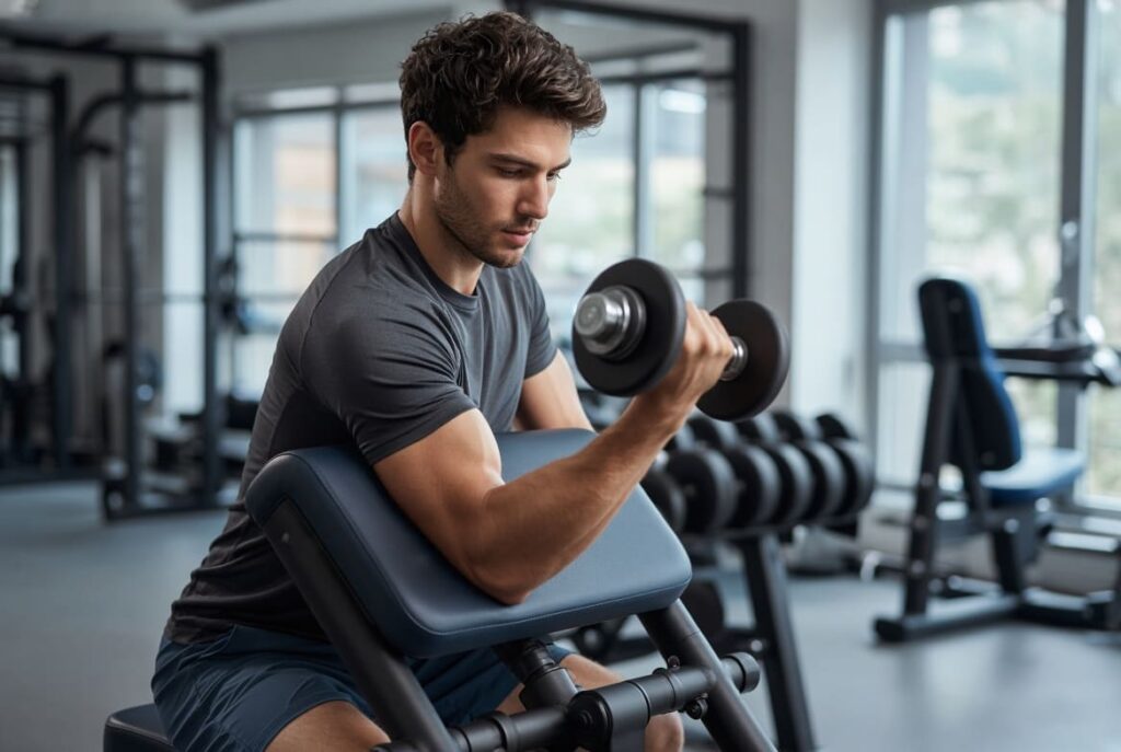 Man using preacher curl machine to isolate and build bicep muscles