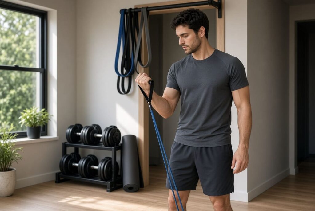 Man using resistance bands and dumbbells for home arm workout equipment
