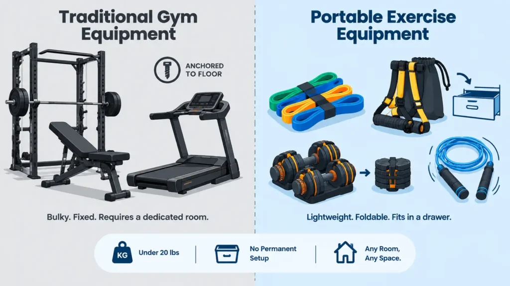 Comparison of traditional gym equipment versus portable exercise equipment by size and setup