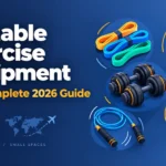 Portable exercise equipment guide featuring resistance bands, suspension trainer, dumbbells, and jump rope icons
