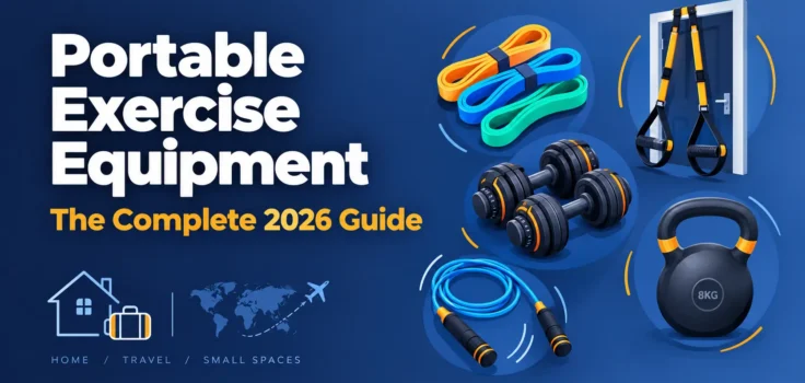 Portable exercise equipment guide featuring resistance bands, suspension trainer, dumbbells, and jump rope icons