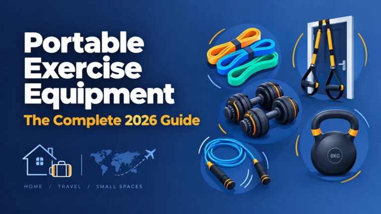 Portable exercise equipment guide featuring resistance bands, suspension trainer, dumbbells, and jump rope icons