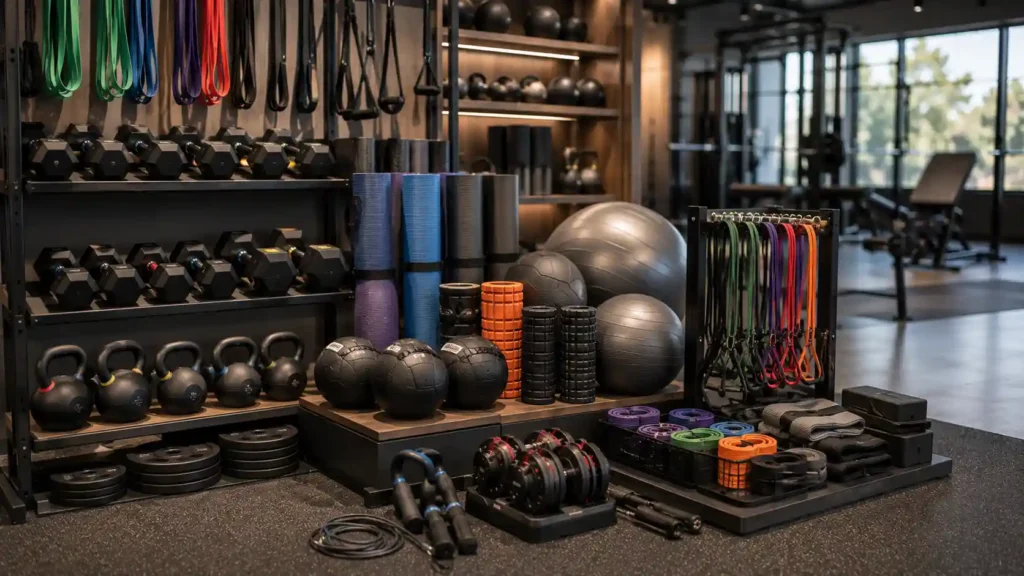 Gym accessories and exercise equipment displayed in a fitness store