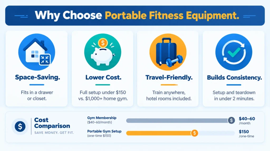 Benefits of portable fitness equipment showing cost savings and space efficiency