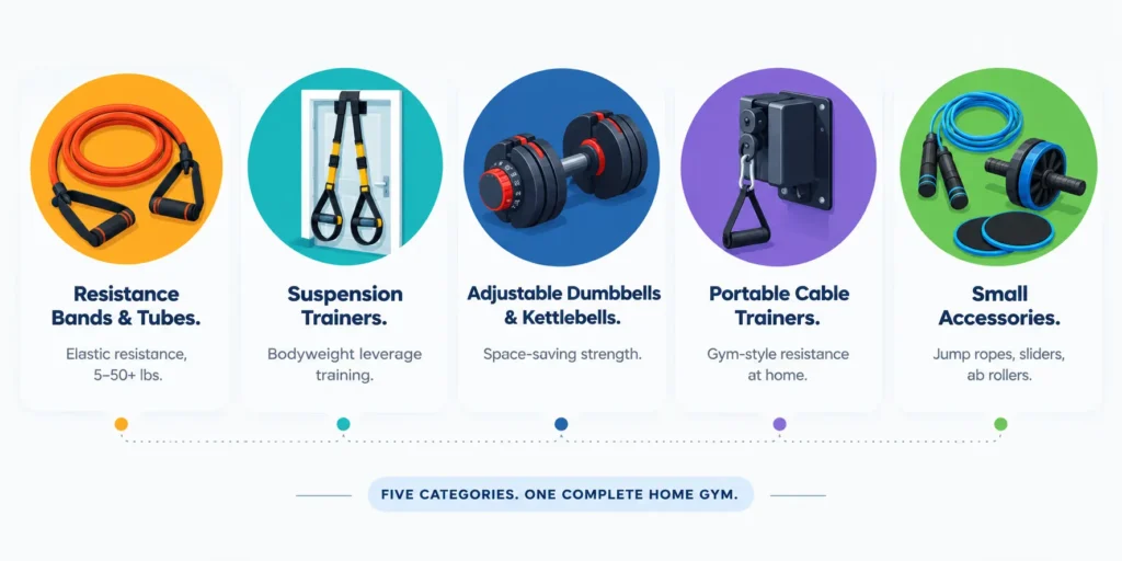Five types of portable exercise equipment including resistance bands, suspension trainers, and dumbbells