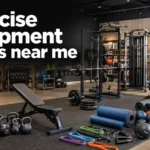 Modern exercise equipment store with gym machines and weights