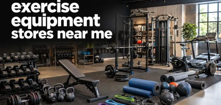 Modern exercise equipment store with gym machines and weights