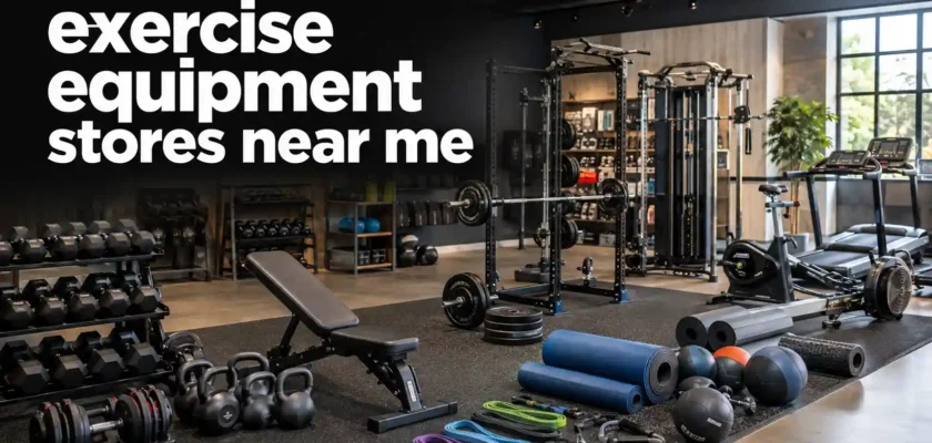 Modern exercise equipment store with gym machines and weights