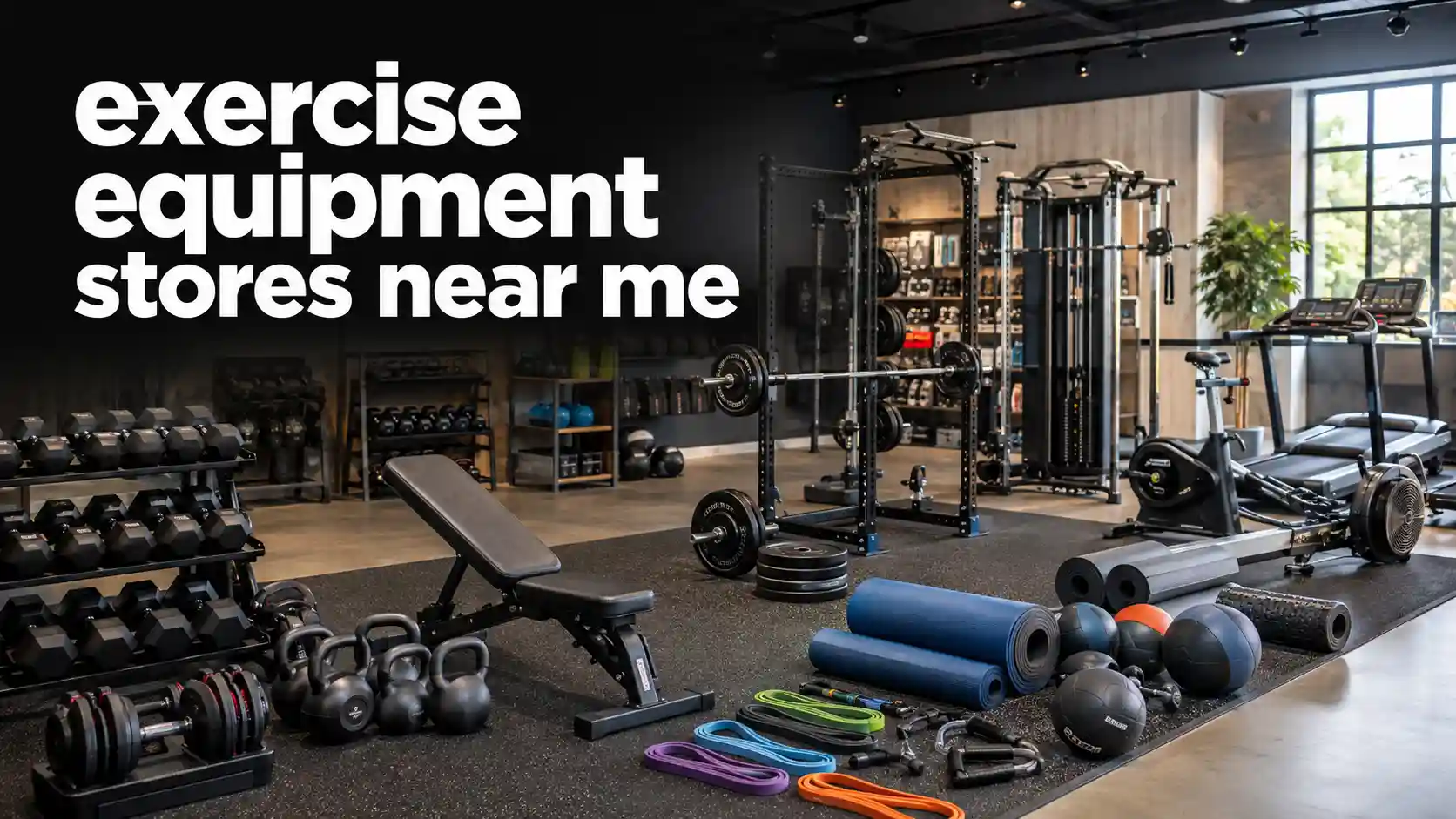 Modern exercise equipment store with gym machines and weights