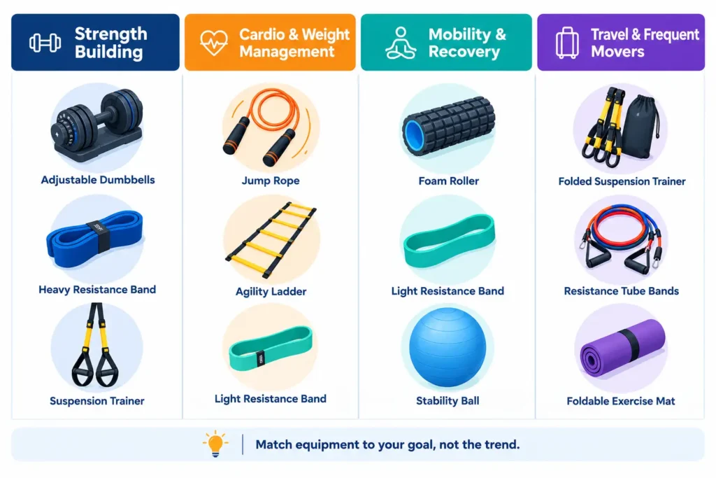 Portable gym equipment matched to fitness goals including strength, cardio, and mobility