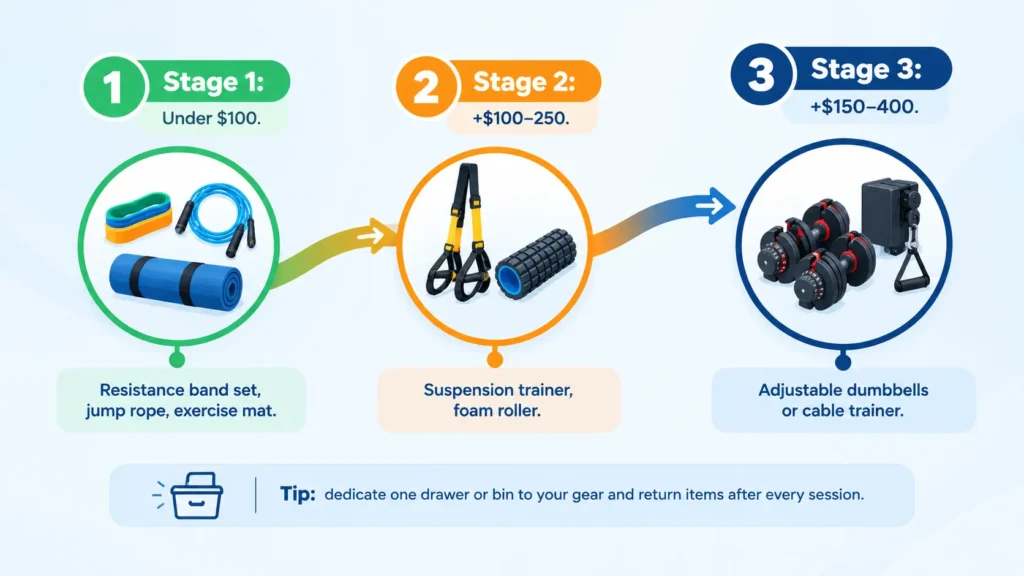 Three-stage plan to build a small home gym with portable exercise equipment