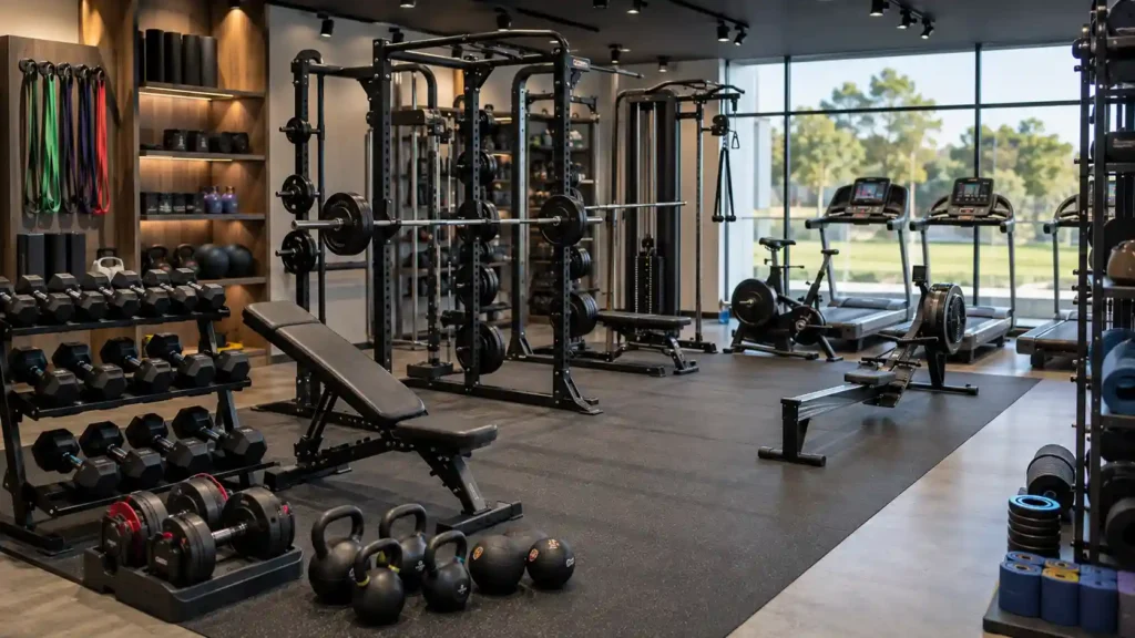 Different gym equipment options displayed in a fitness showroom