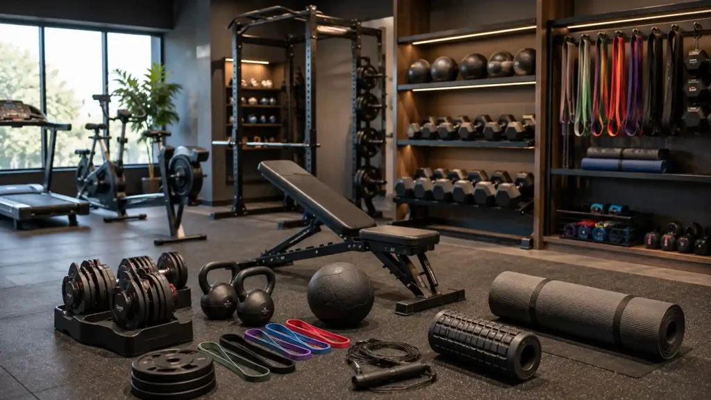 Compact exercise equipment for a home gym displayed in a store